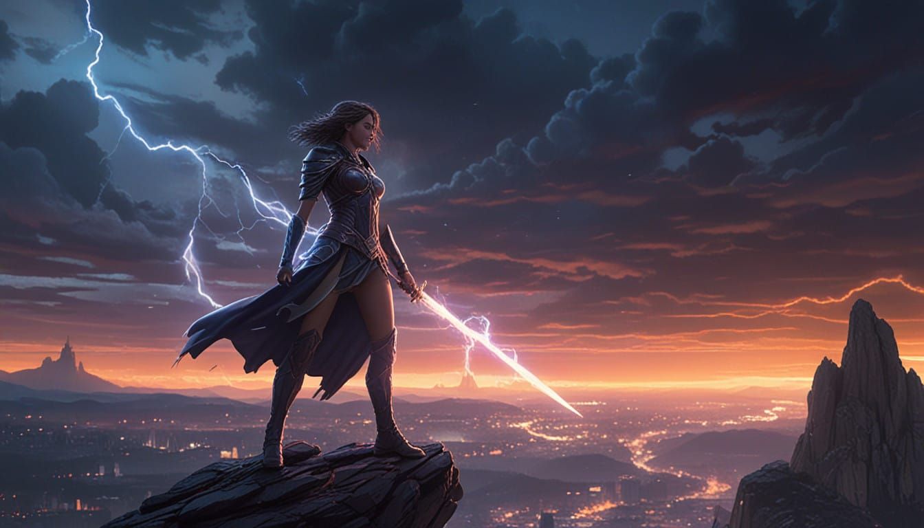 Hyperrealistic Woman Warrior in Futuristic Armor Surrounded...