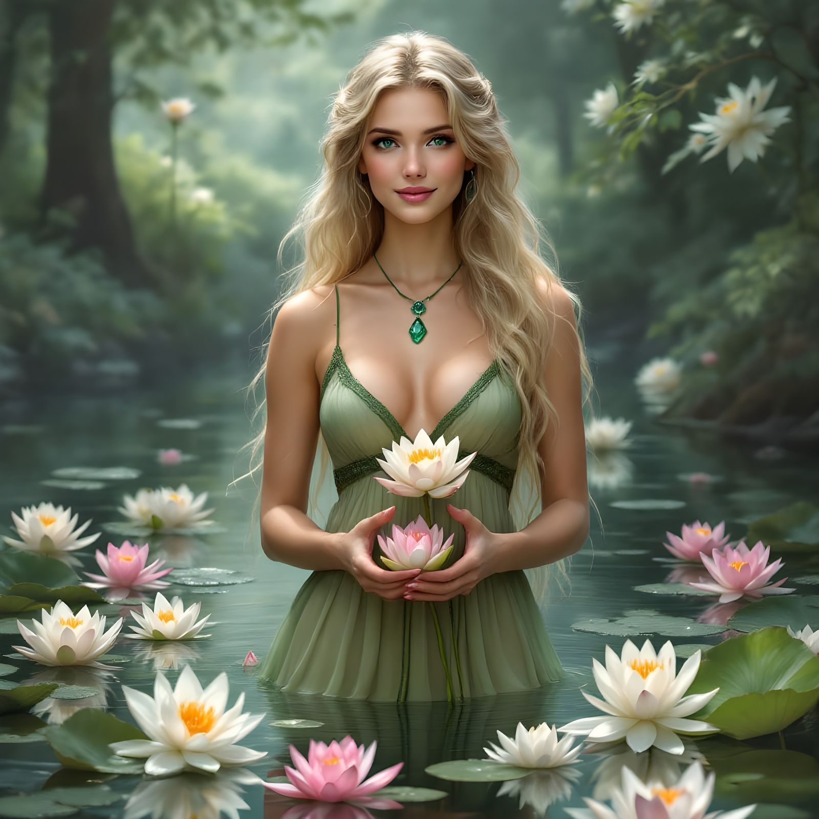 Norse Goddess Amidst Water Lilies in Idyllic Spring Clearing