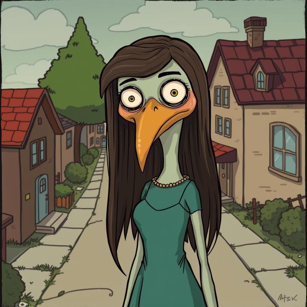 Surreal Slimy Bird-like Figure in Vintage Cartoon