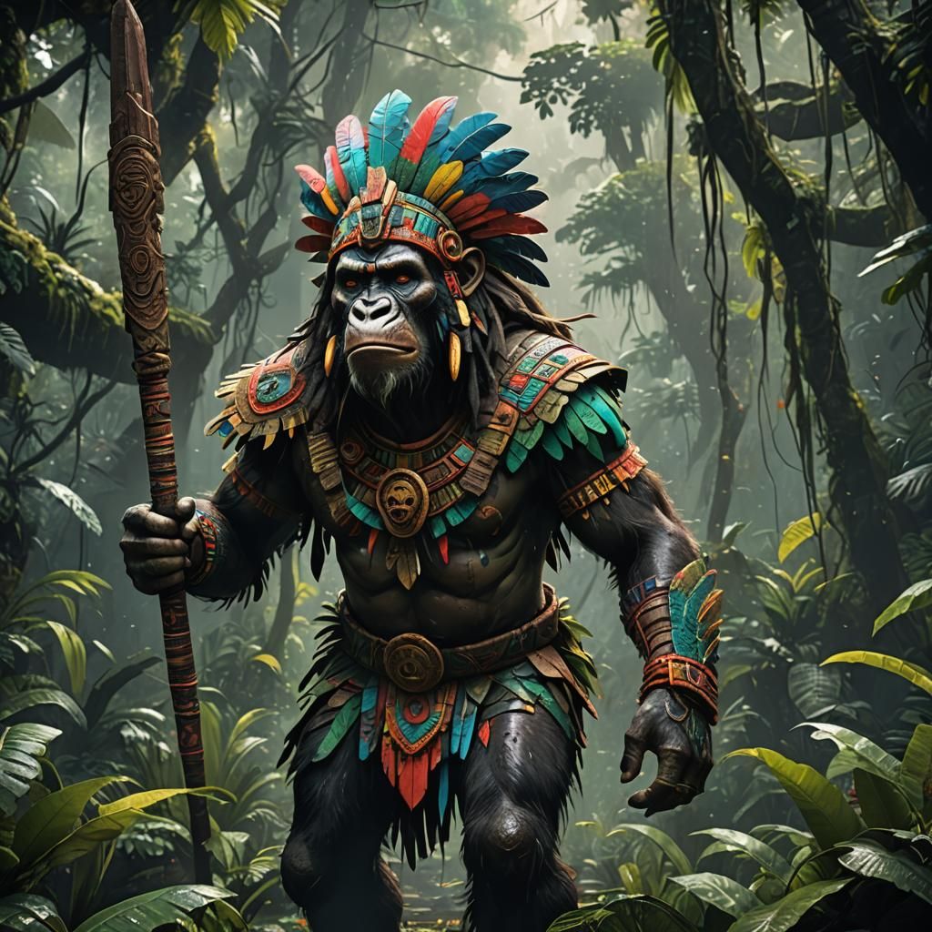 Colorful Aztec Ape Warrior in Rainforest