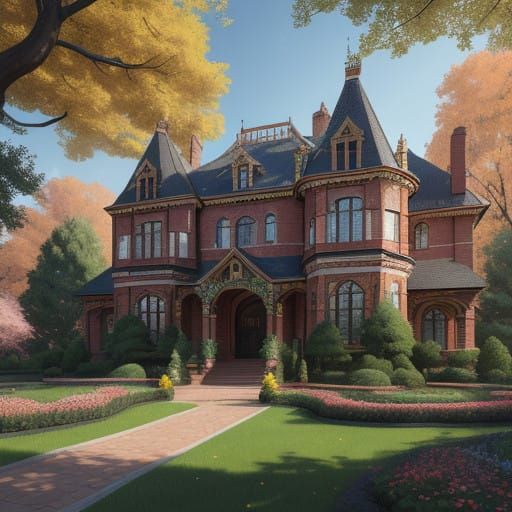 Surreal Victorian Mansion Amidst Vibrant Blossom Trees in Dr...