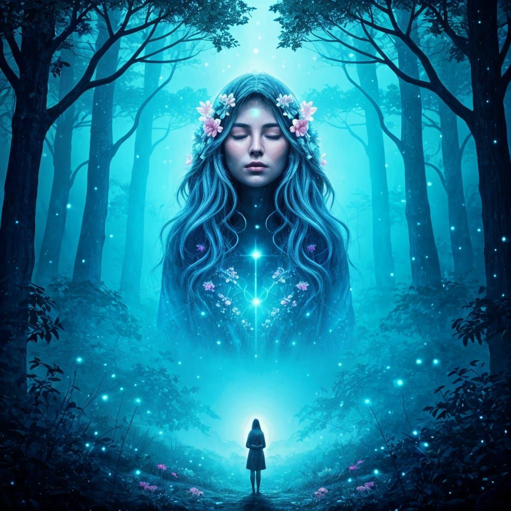 Surreal Goddess Emerges From Bioluminescent Forest