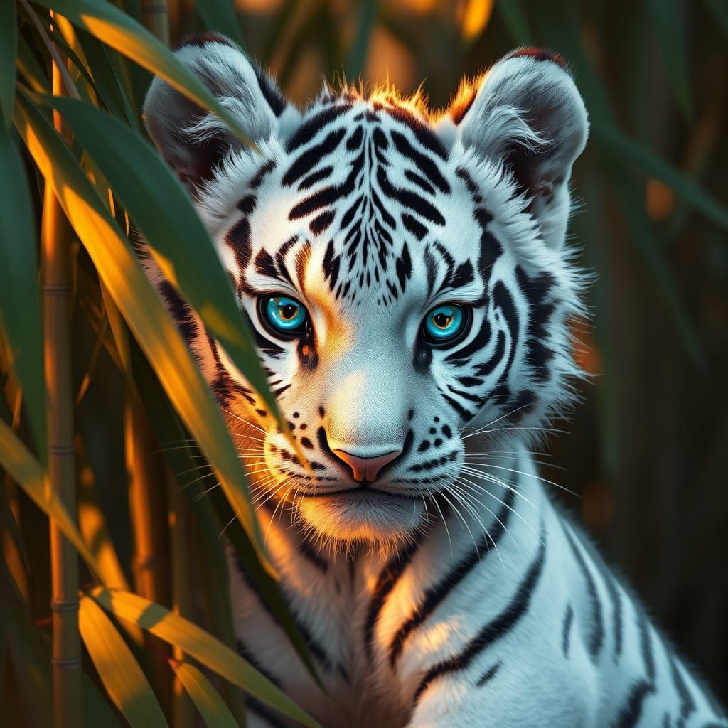 Whimsical White Tiger Cub Amidst Bamboo, in a Fantastical Ar...