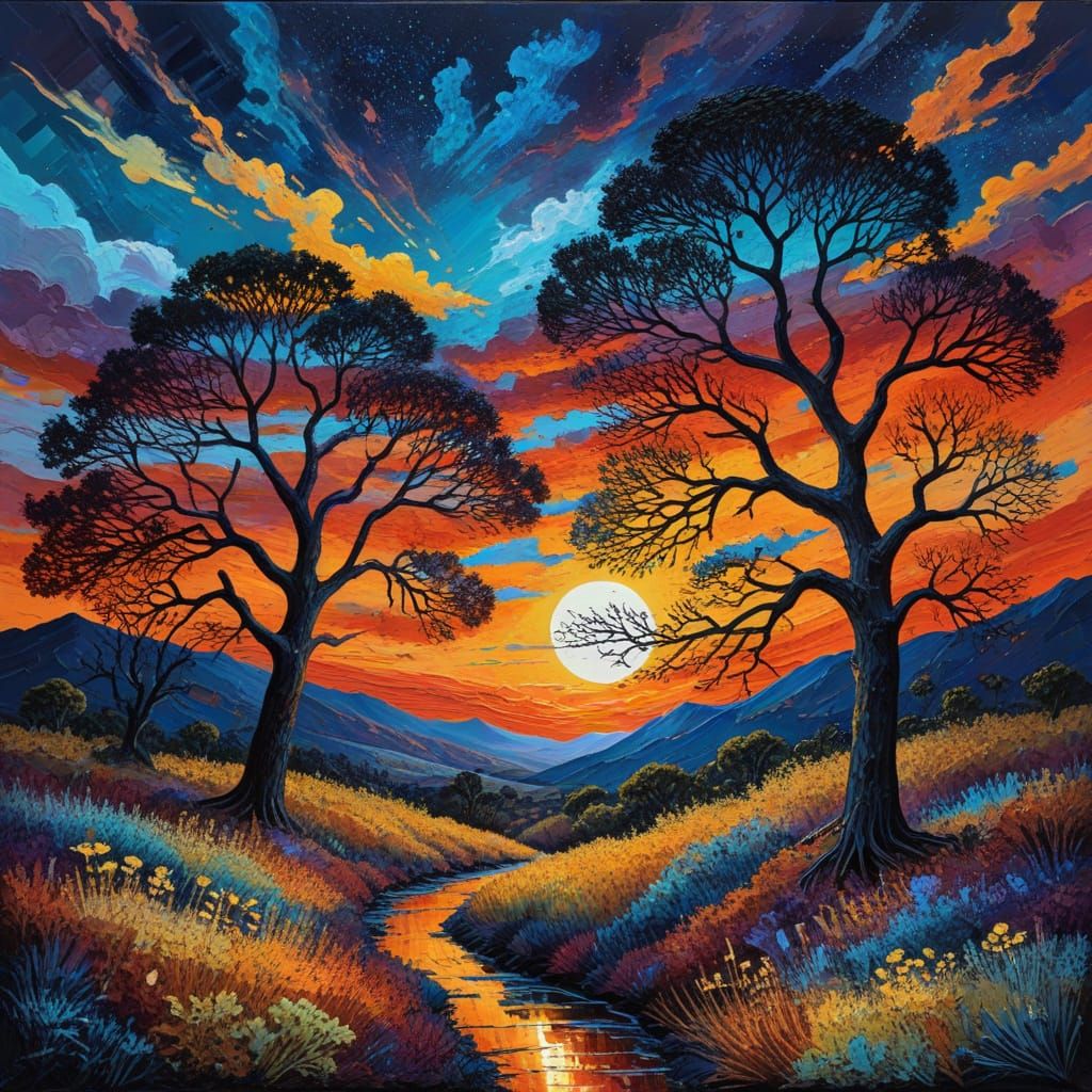 Sunset and Moonset in Expressionist Oil Painting