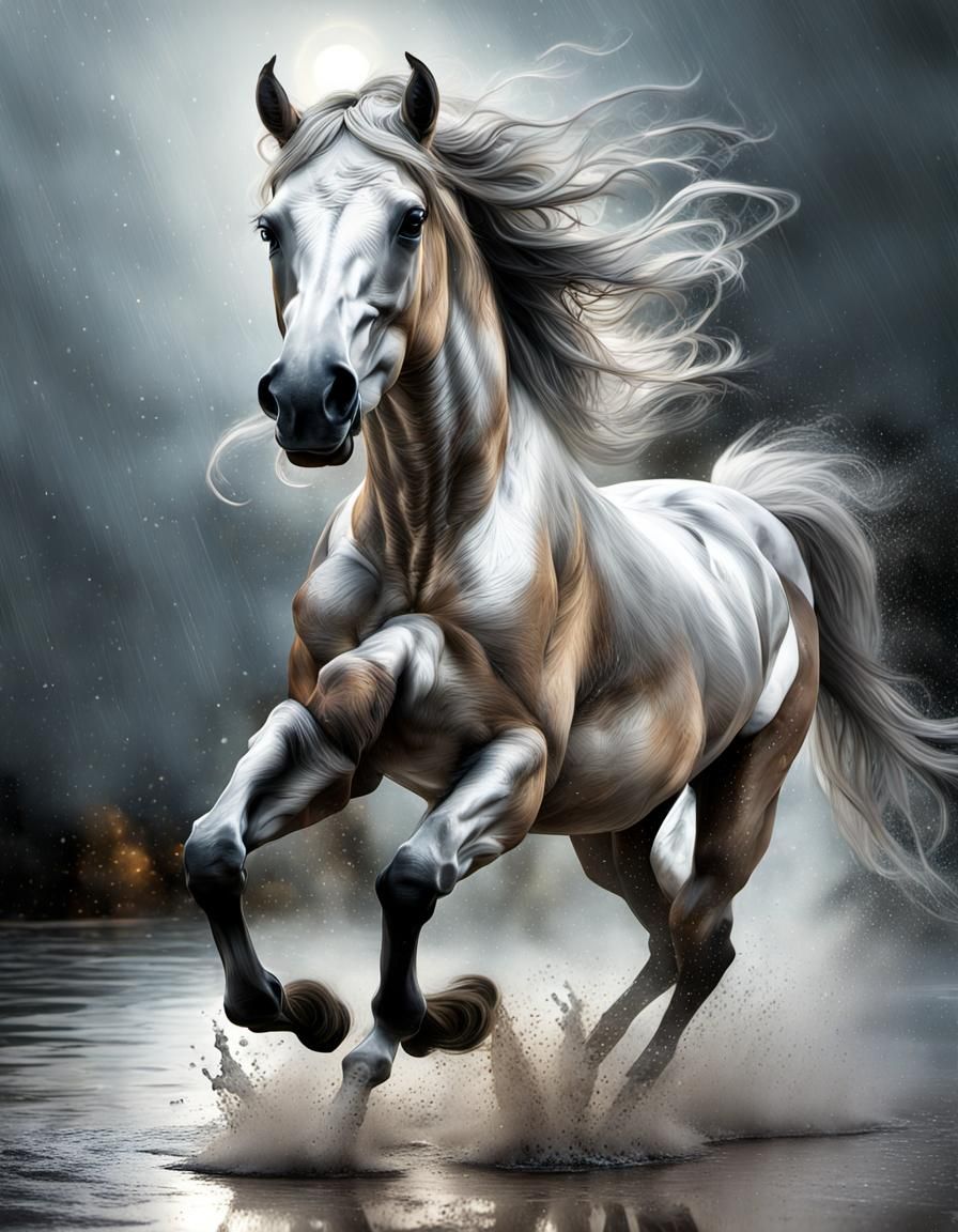 Horse prancing through a silver storm, hyper detailed, glowi...