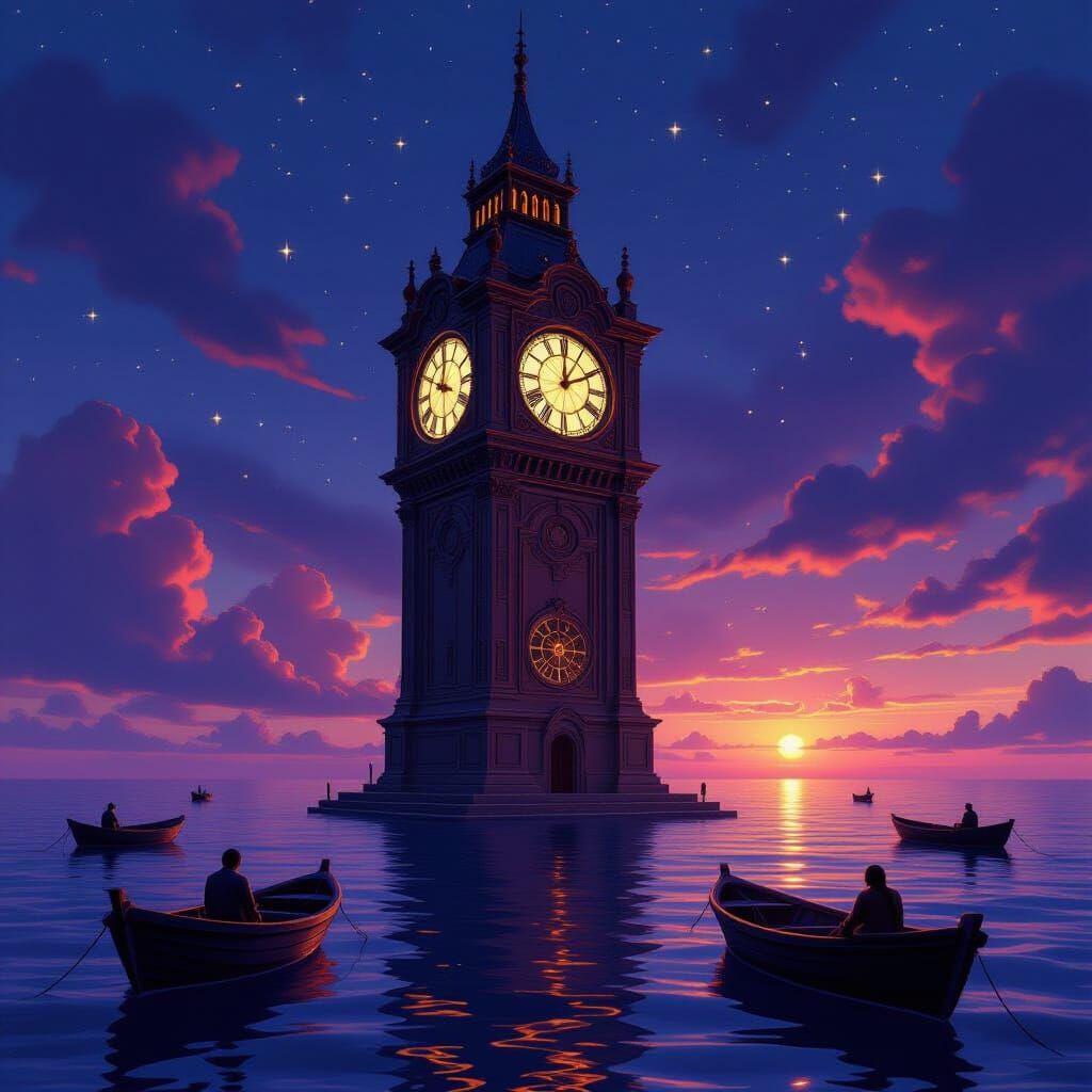 "A massive clocktower floating in an endless ocean at twilig...