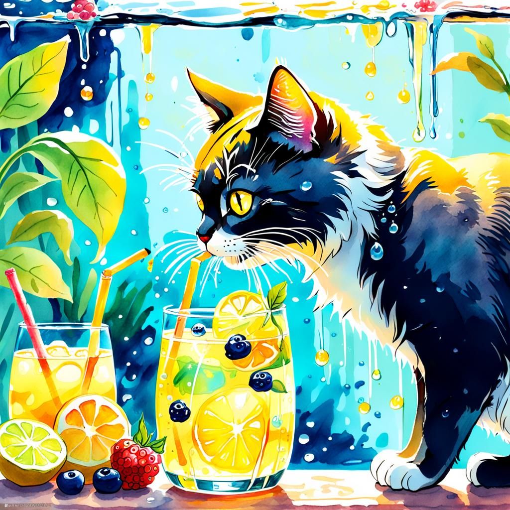 Cat Drinks Lemonade: Whimsical Watercolor Sketch