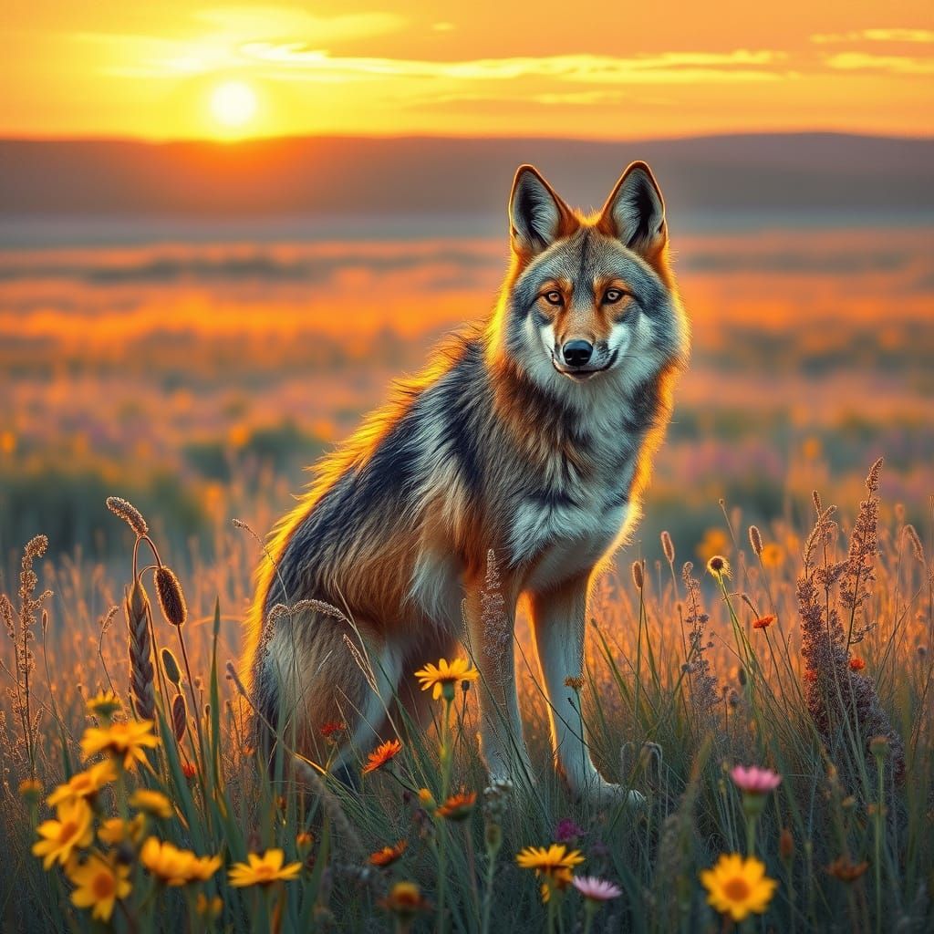 Coyote in Prairie Landscape as Detailed Wildlife Art