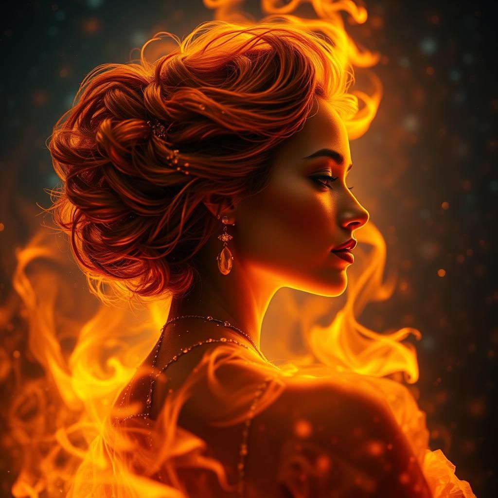 Cosmic Fire Lady Portrait with Ethereal Sparkles