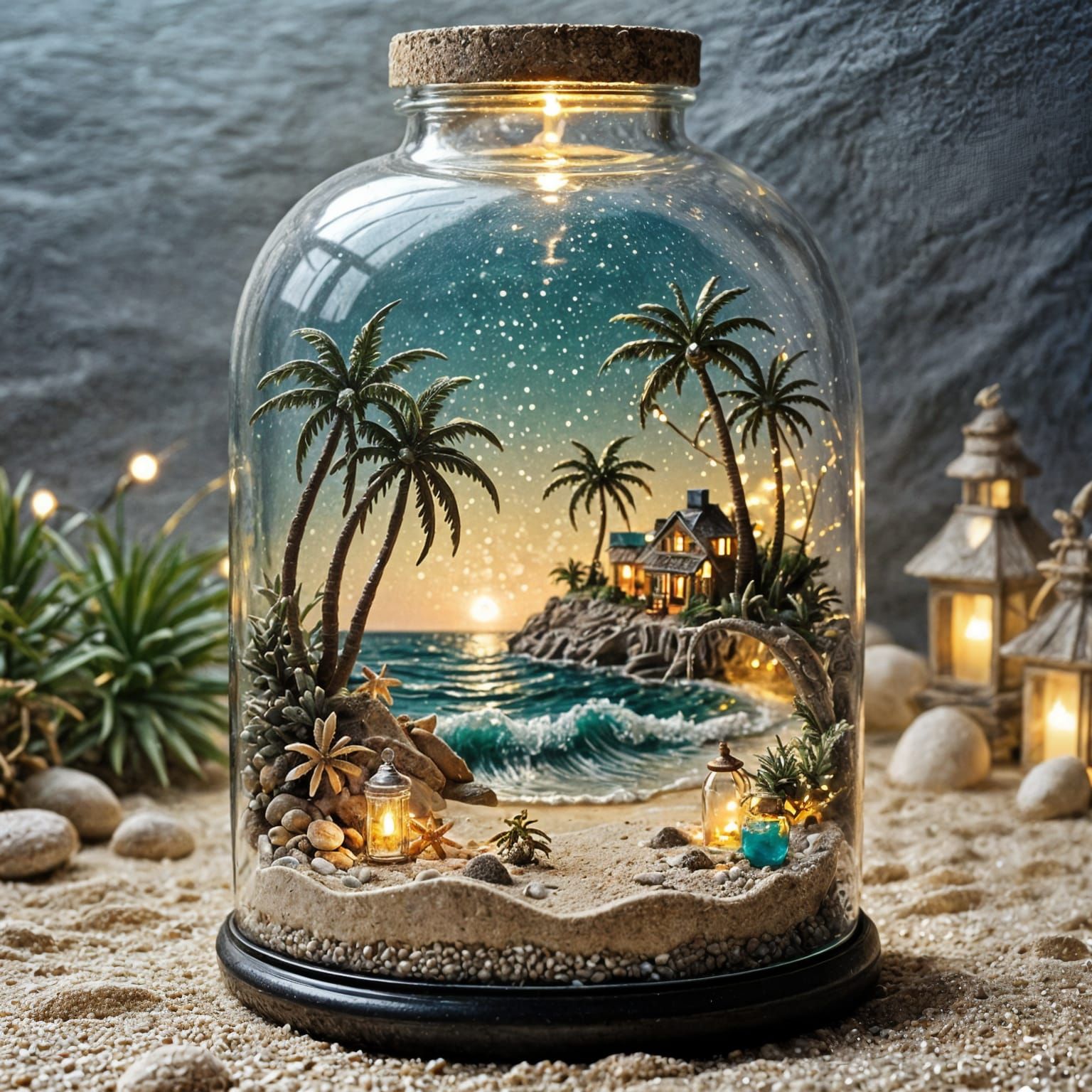 Surreal Miniature Beach Scene Captured in Glass Bottle