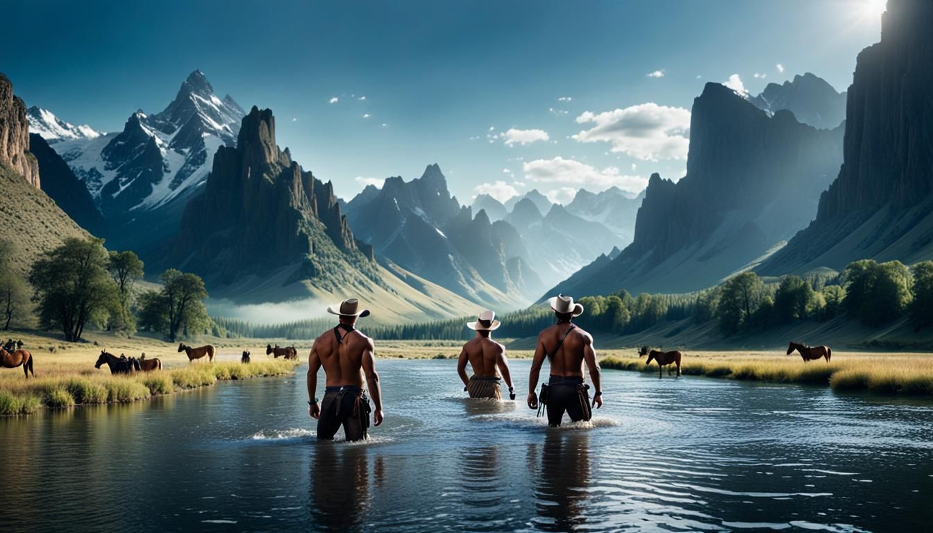 Naked Cowboys Bathing in Mountain River: Digital Painting