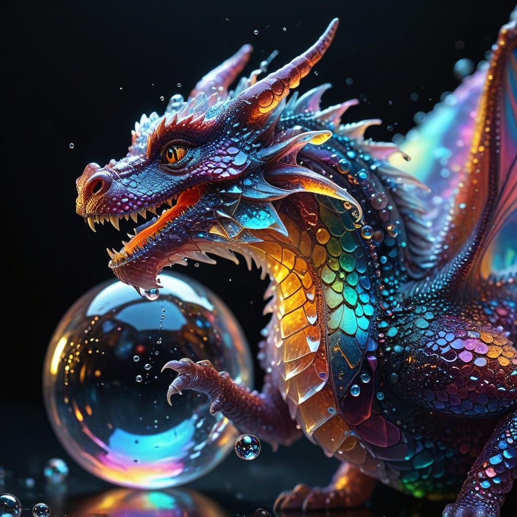 Iridescent Soap Bubble Dragon in Hyper-Realistic 3D