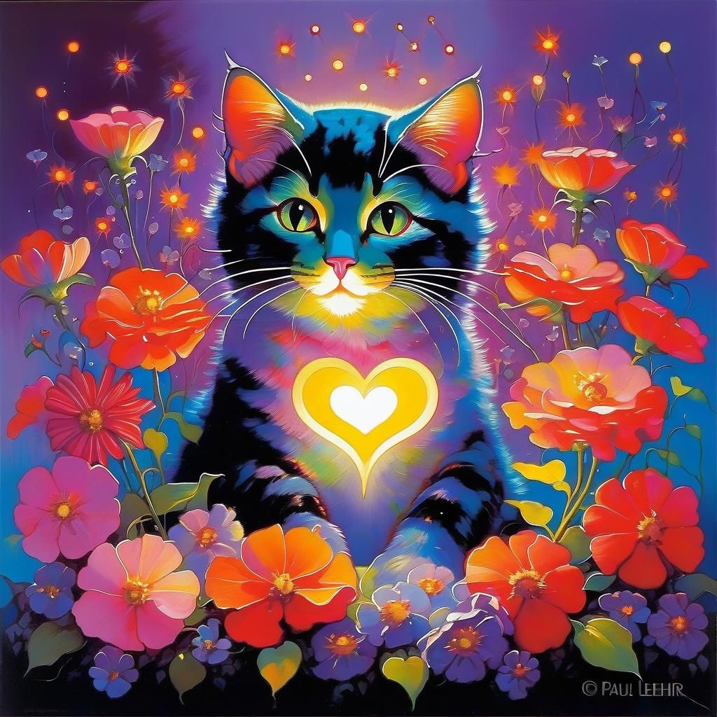 Cute Cat Surrounded by Flowers in Lehr Style