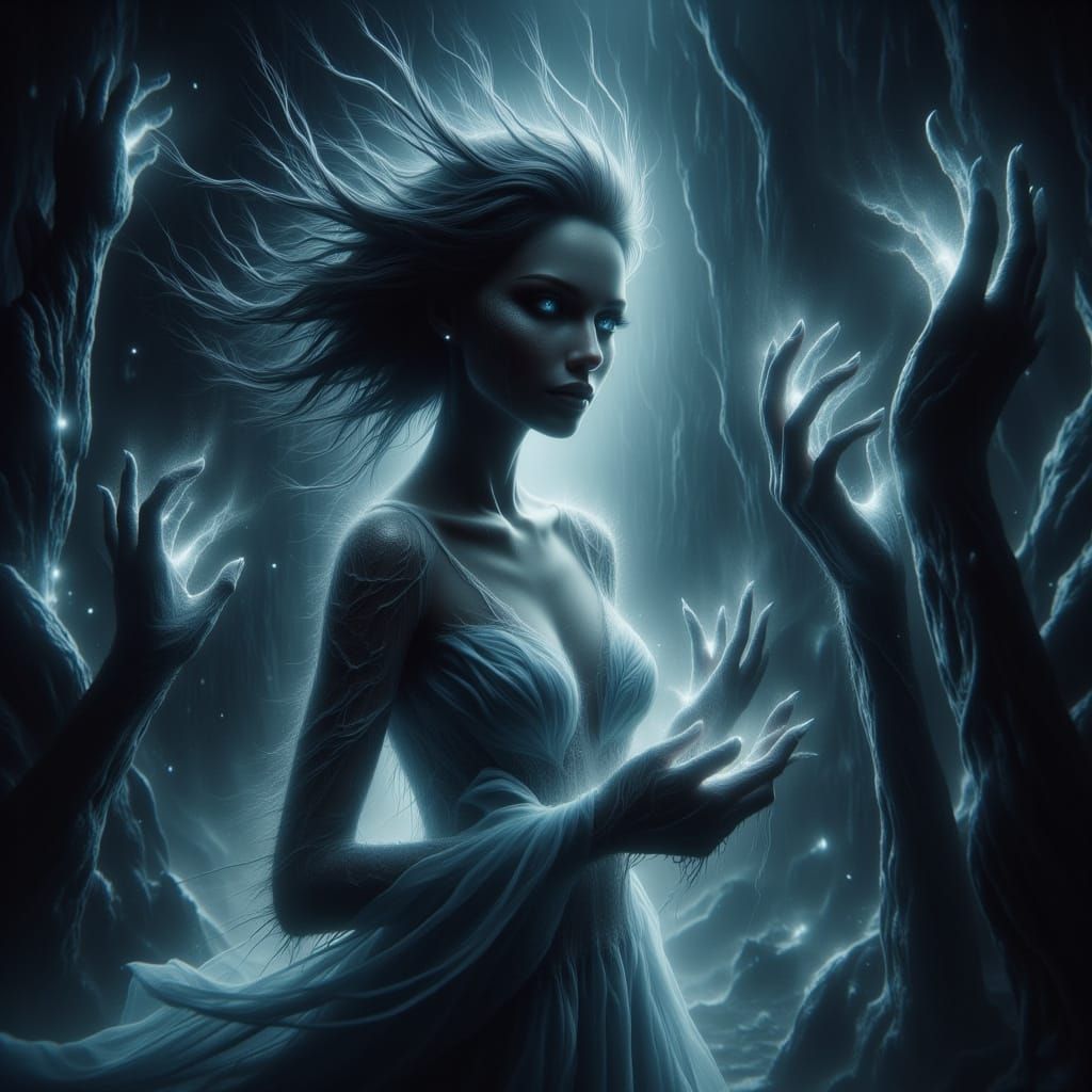Serene Maiden Amidst Eerie Hands in Dark Atmosphere