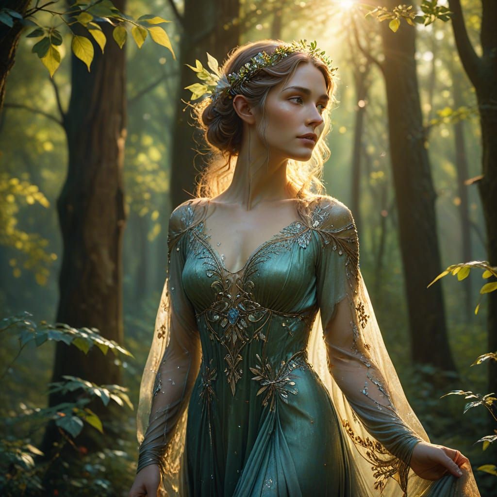 Elegant Elven Woman in Forest Clearing, Art Nouveau Style