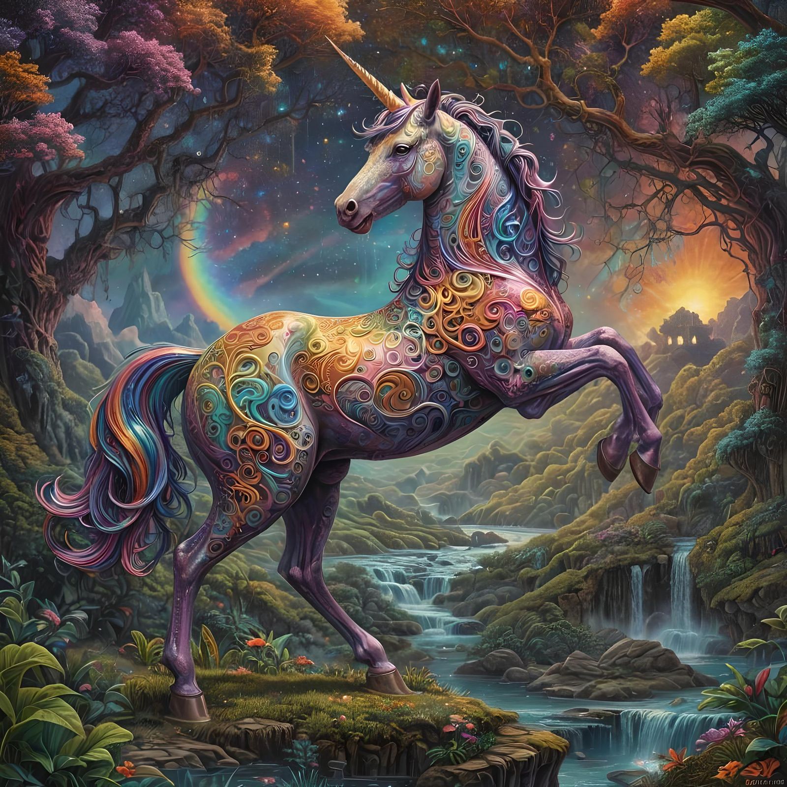 Mandarin Unicorn in Fractal Iridescent Landscape