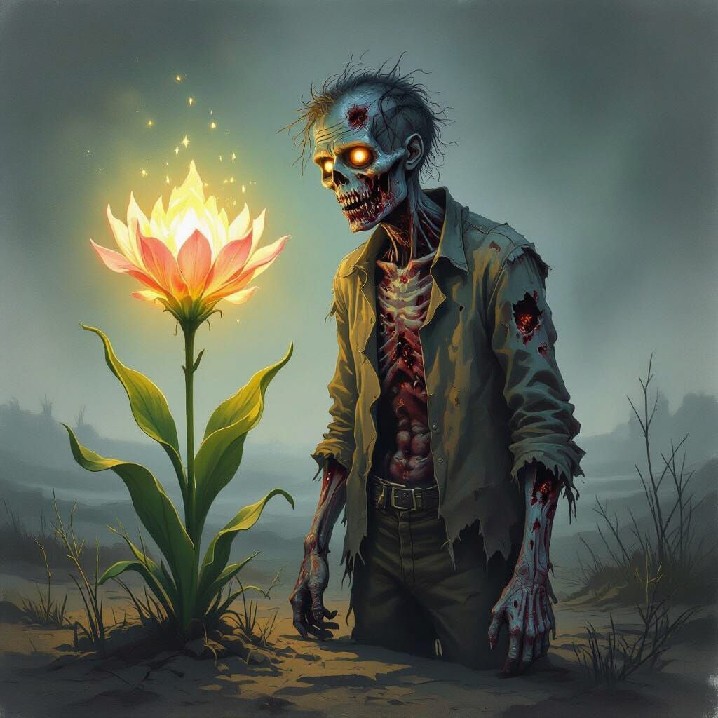 Ethereal Bay Flower Beside Grotesque Creature in Watercolor