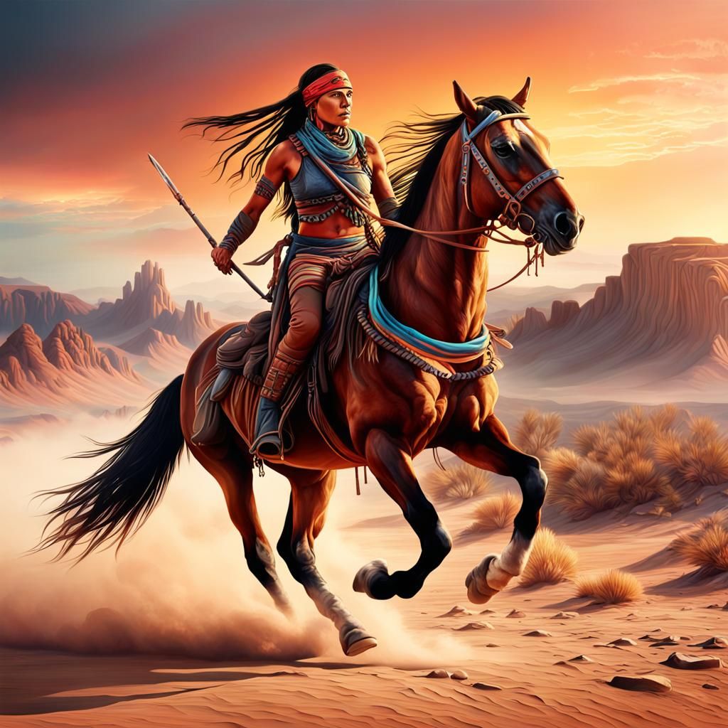 Apache Warrior on Horseback at Desert Sunrise