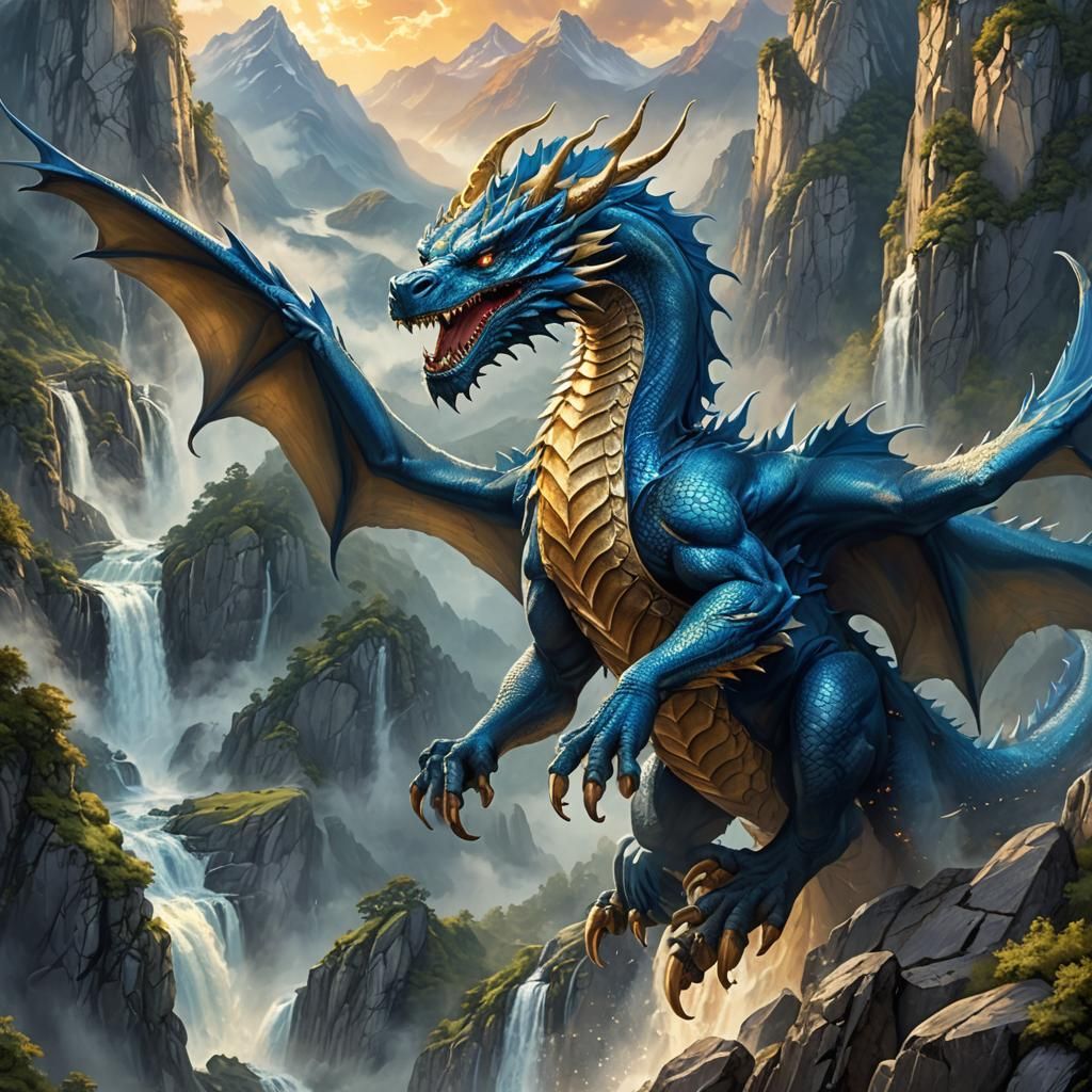 Blue Dragon Soaring Over Misty Mountain Waterfall, Fantasy A...
