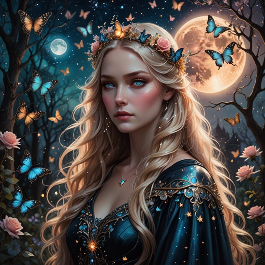 Ethereal Goddess in a Sunset Garden of Dreams