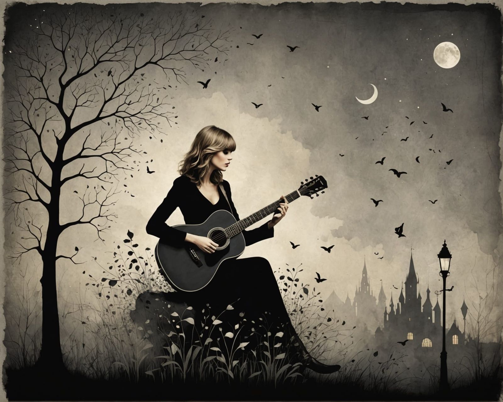 Taylor Swift Silhouette in Vintage Ink Art Style
