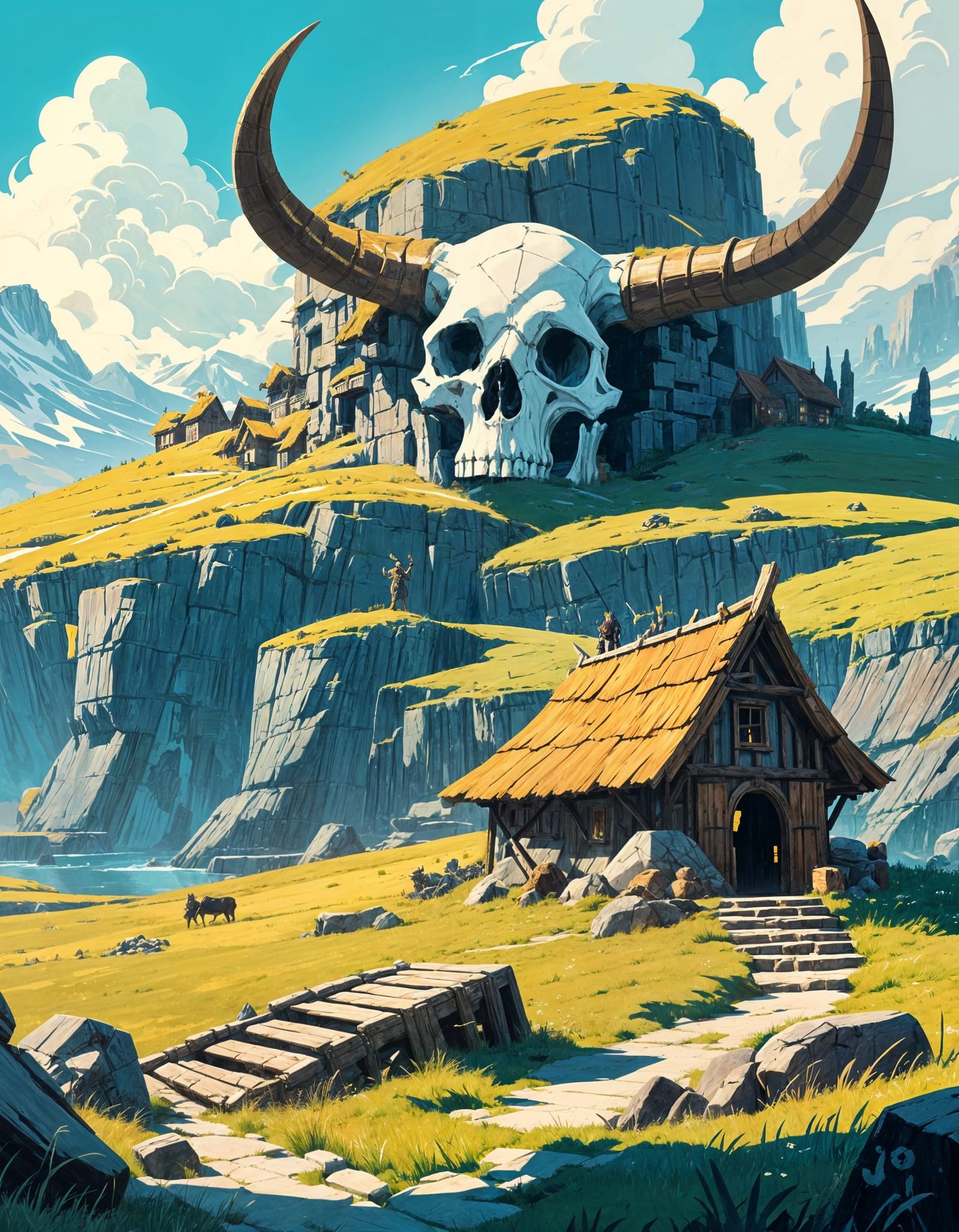Dark Fantasy Animal Skull Village in Grassy Landscape