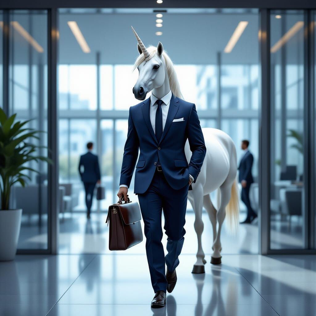 Unicorn Executive Arriving for Interview, in Futuristic Real...