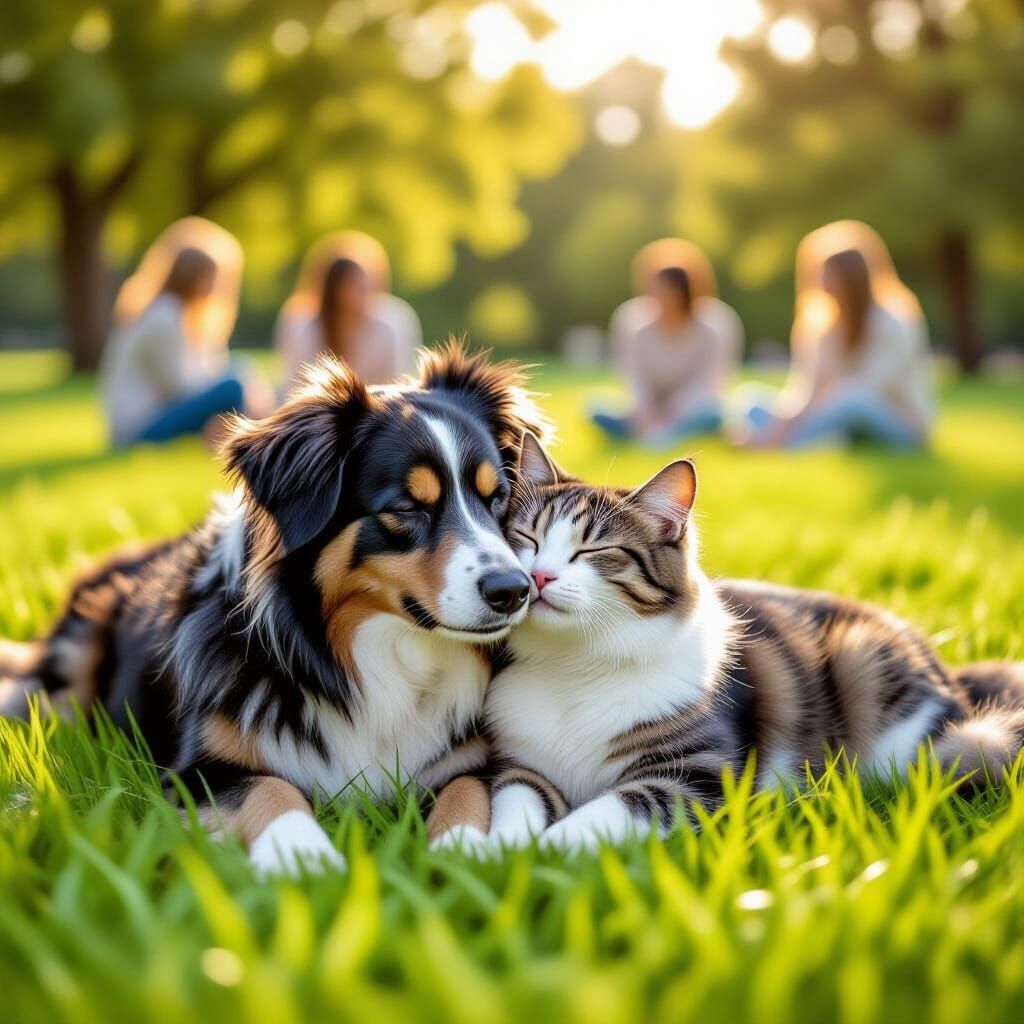 Heartwarming Scene of Dog and Cat Cuddling in Park
