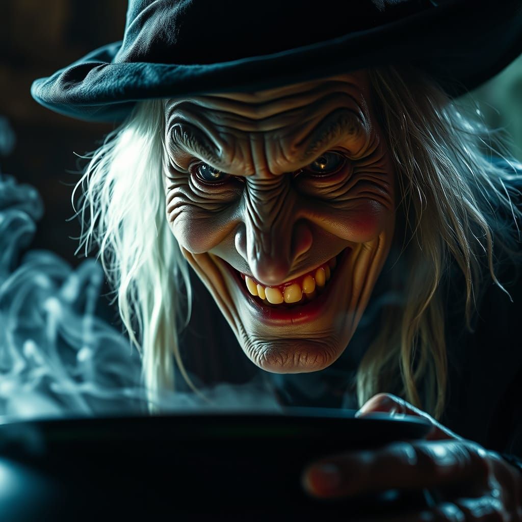 Evil Witch Simmers Glowing Potion, Cinematic Style