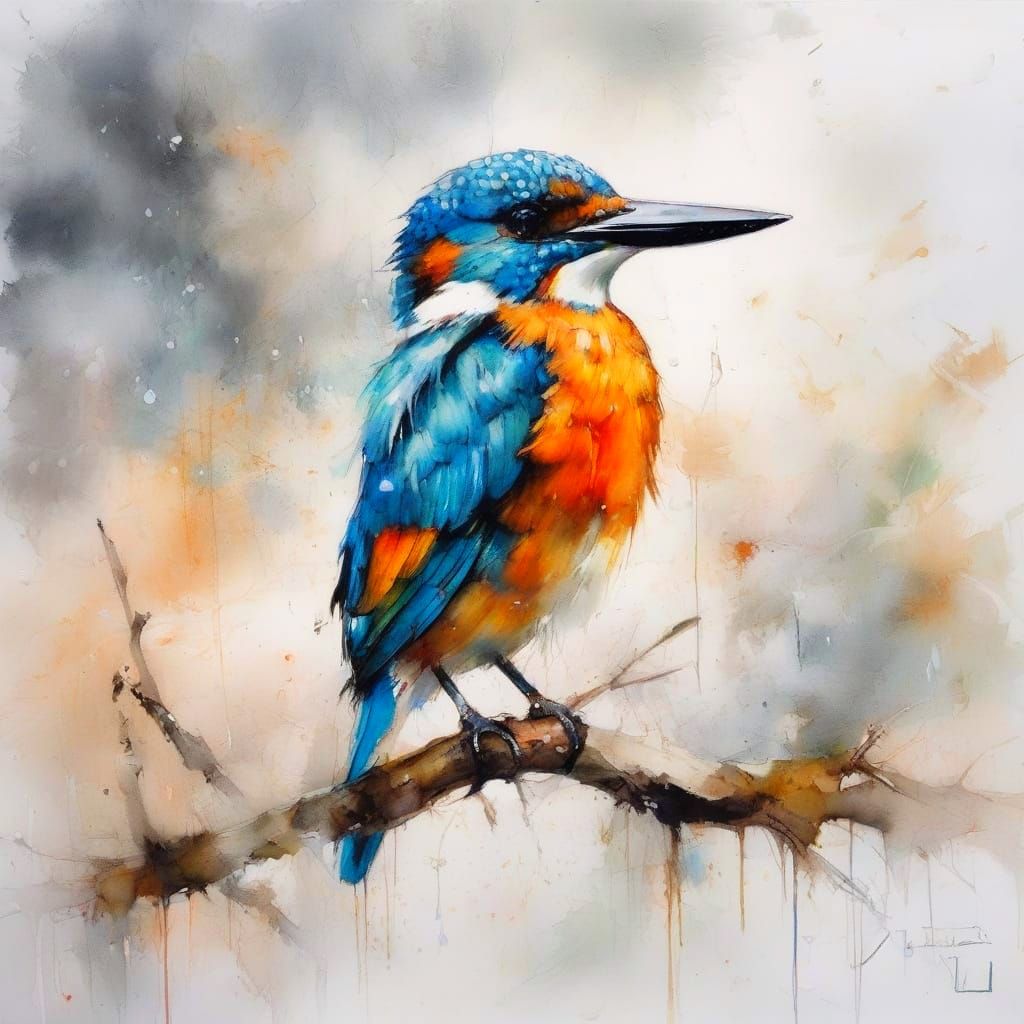 Tiny Kingfisher Over River in Neo-Impressionist Oil Painting...