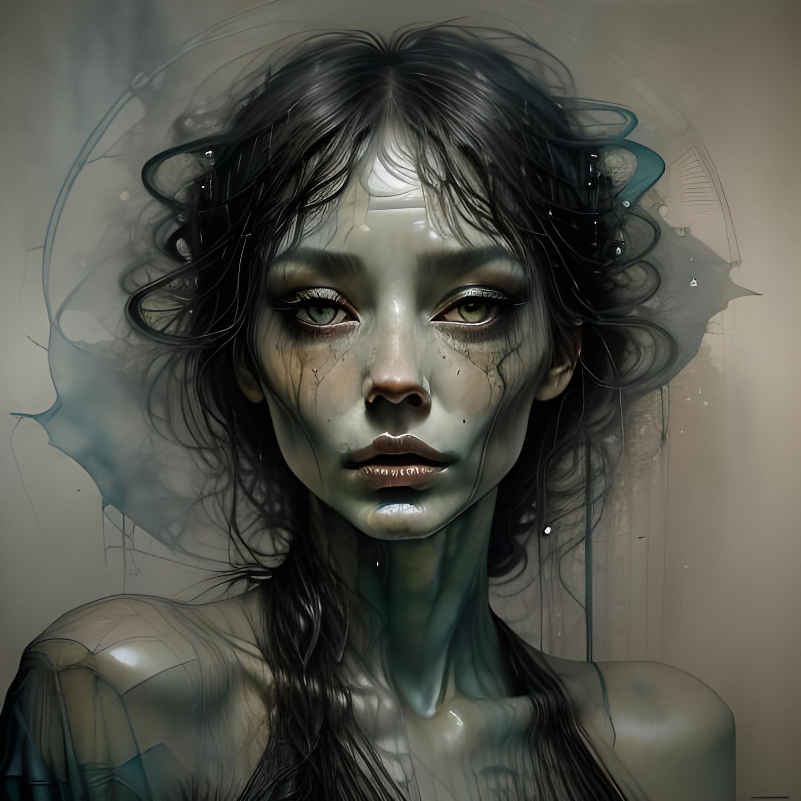 Ethereal Woman in Vaporous Robes, Ink Art