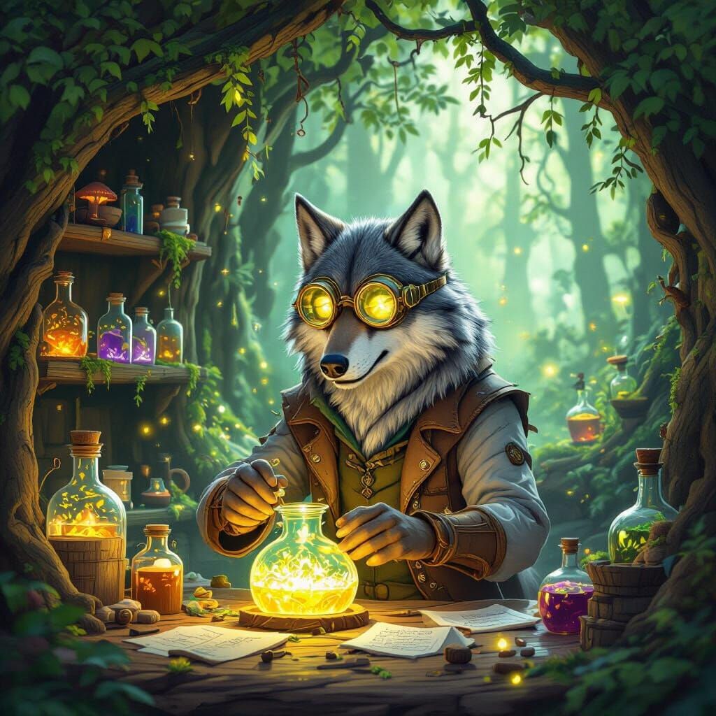 Wolf Scientist in Woodland Lab Mixing Potions