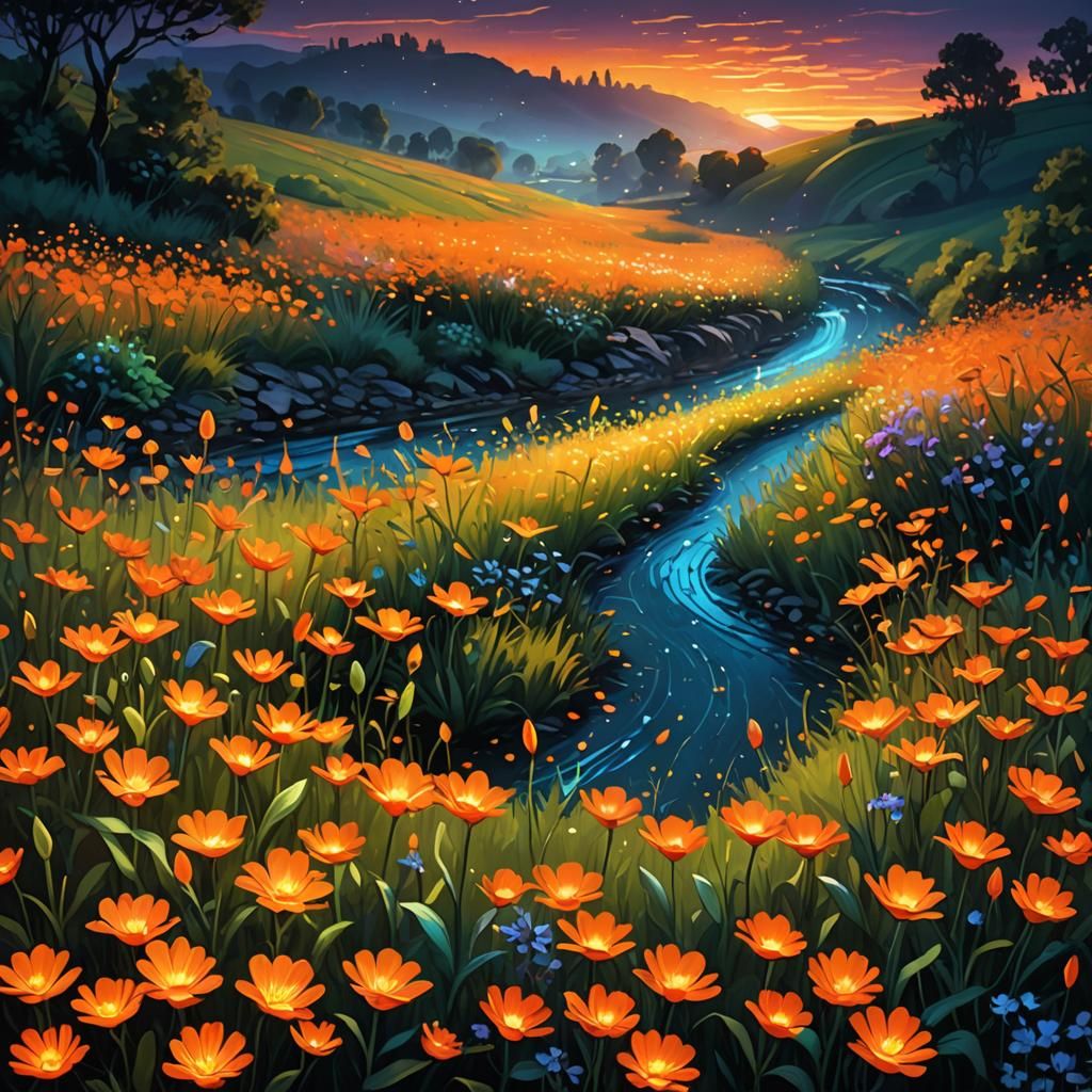 Neon Orange Flowers in Dreamlike Impressionistic Field
