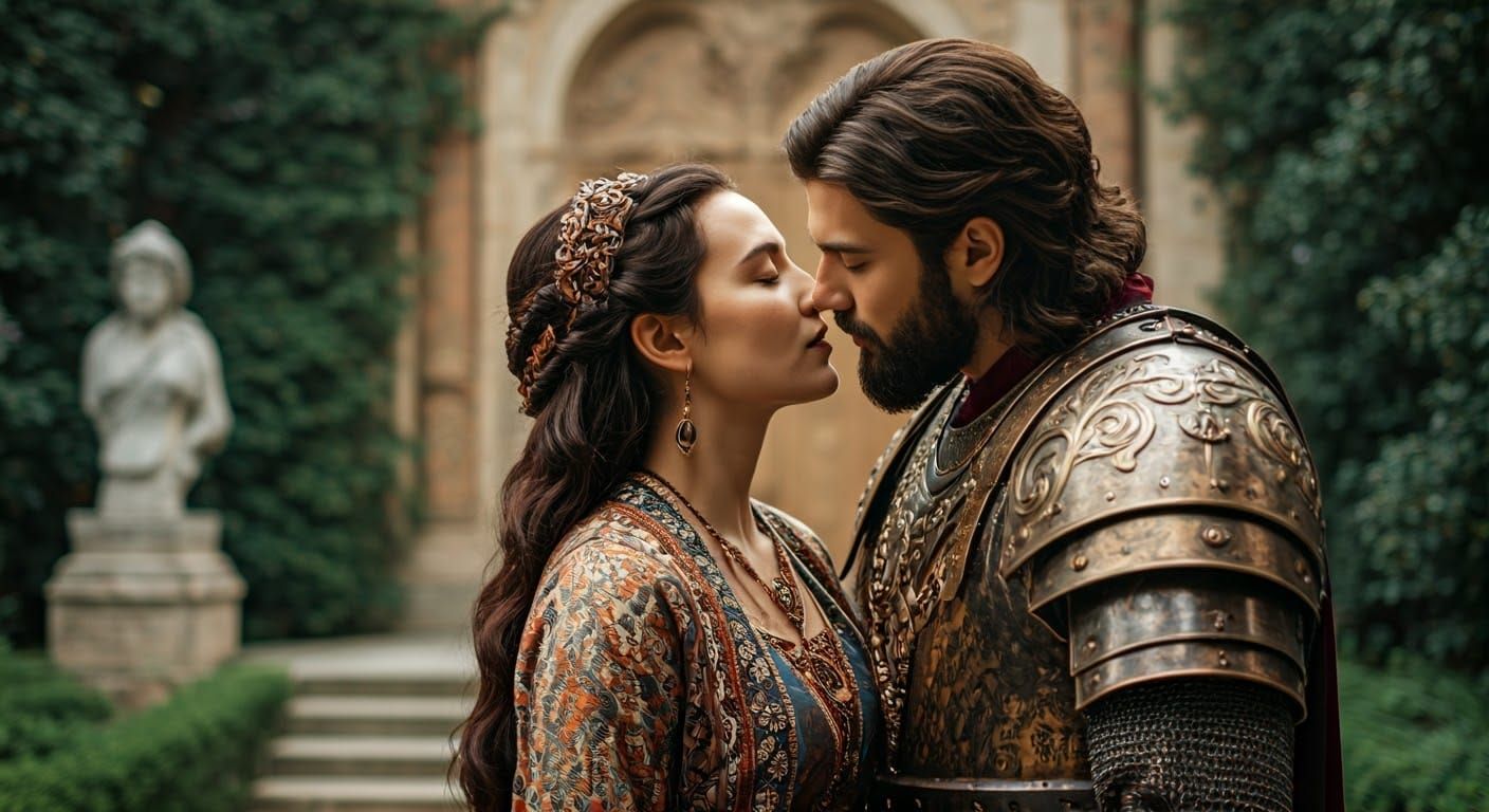 Couple Embracing in Ancient Opulence