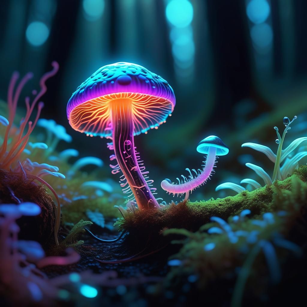Bioluminescent Neon Worm in Glowing Mushroom: Macro Illustra...