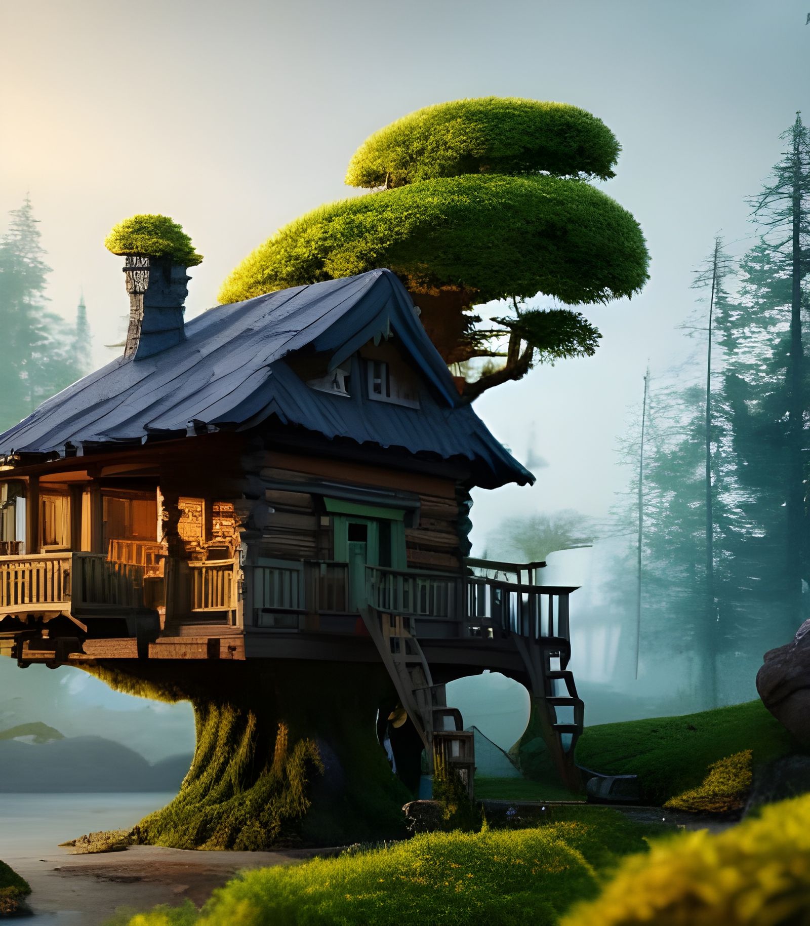 Enchanted Treehouse in Magical Forest, Digital Art