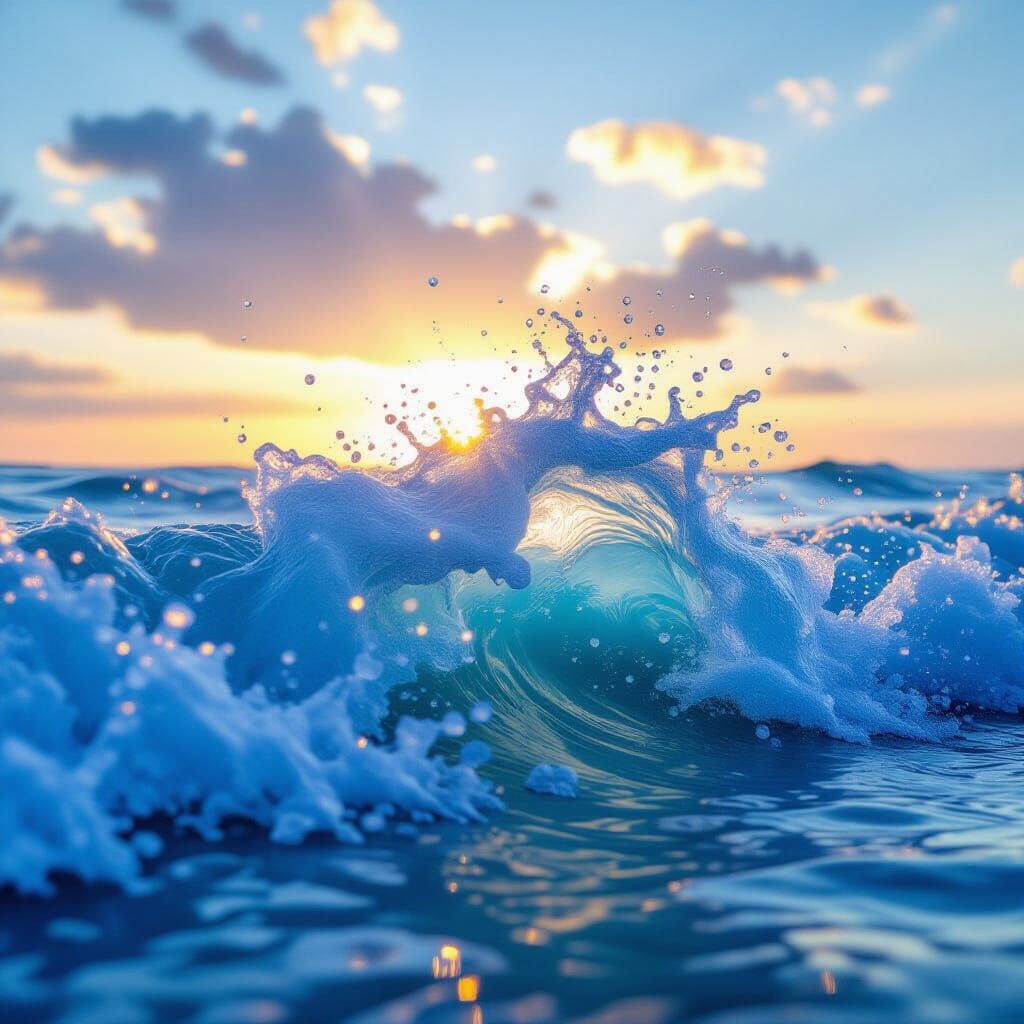 Hyperrealistic Azure Wave Breaking at Dawn