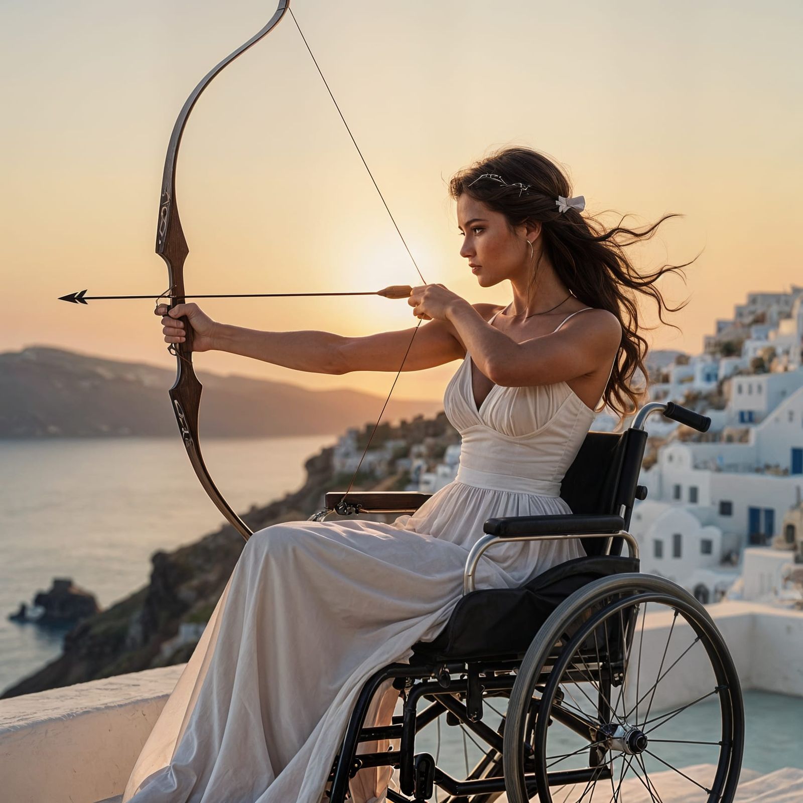 Artemis in Wheelchair: Oil Painting Archery at Sunrise