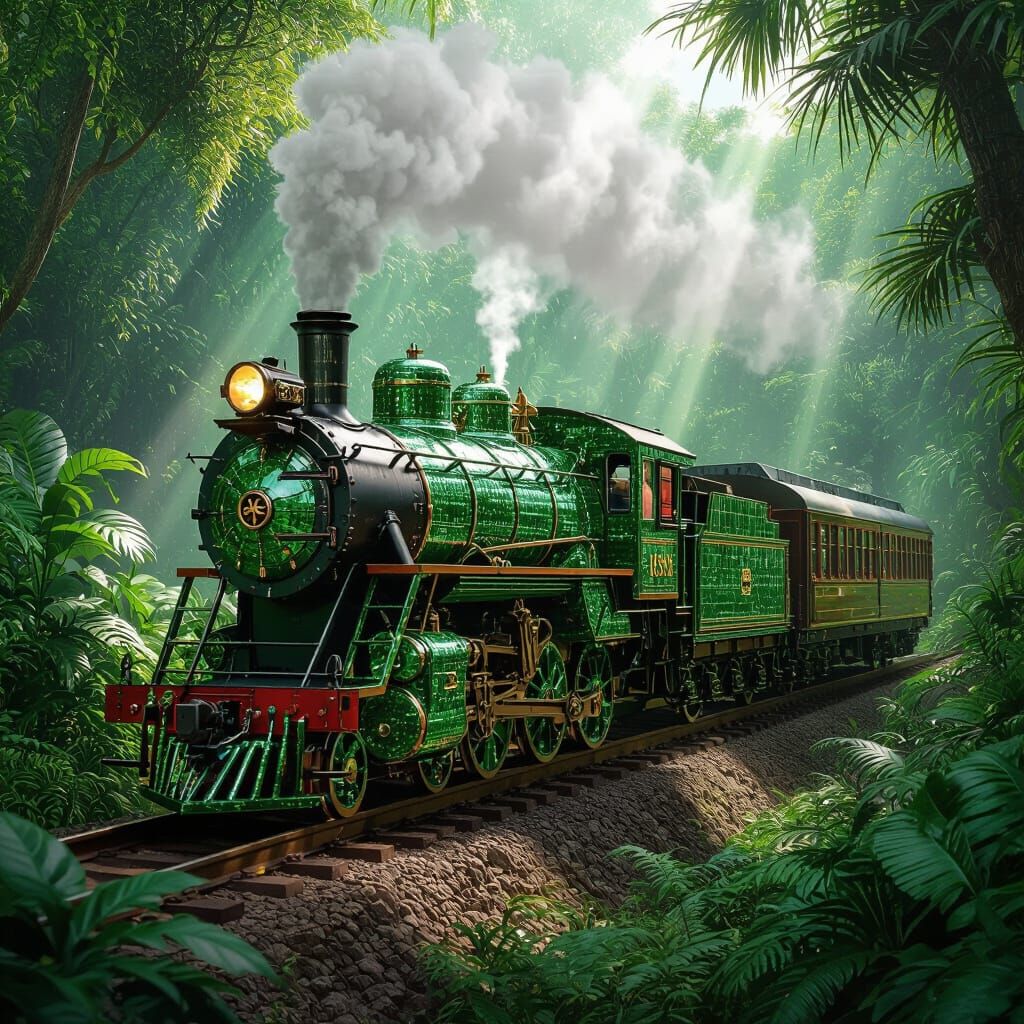 Emerald Train Chugs Through Alien Jungle in Steampunk Style