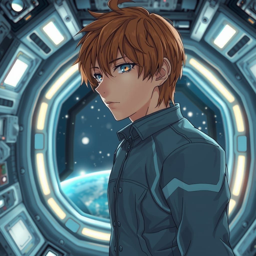 Portrait of Light Yagami in a Space Station. Detailed matte....
