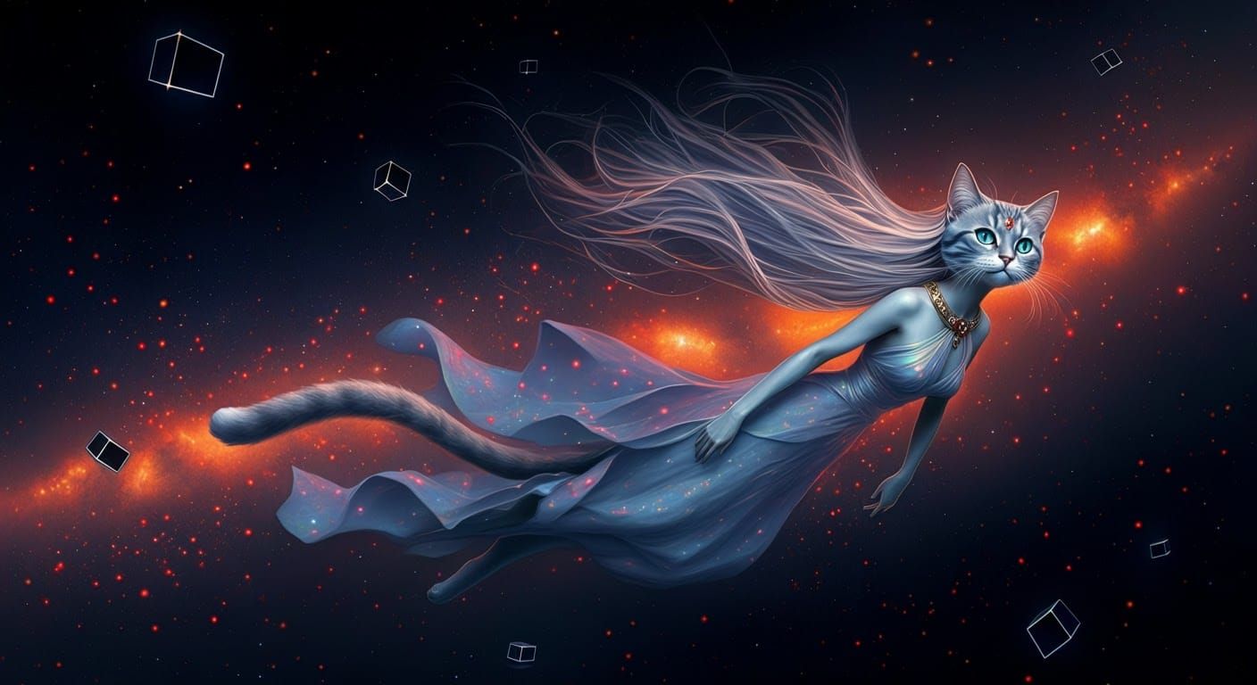 Cat Goddess Swimming in Starry Cosmos in Digital Art