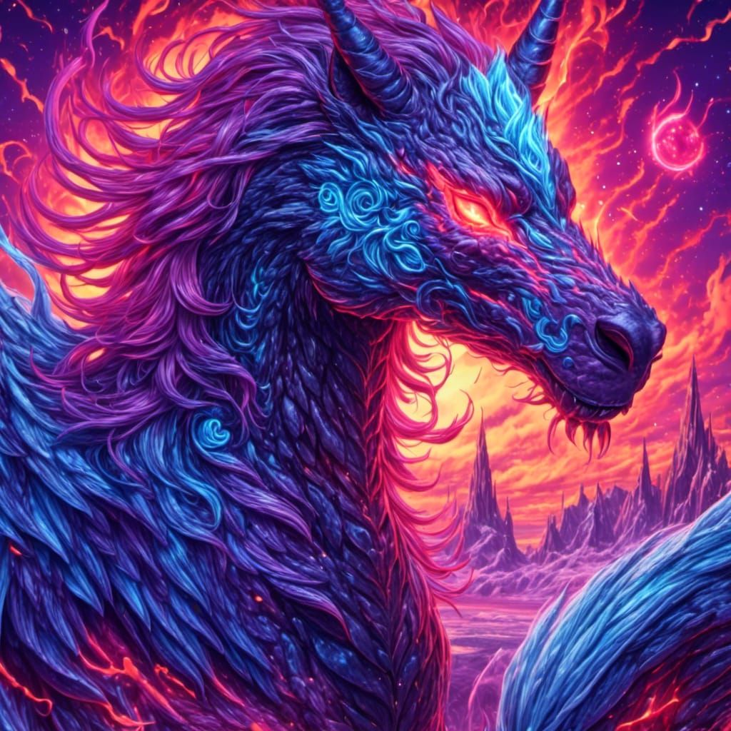 Dragon, Unicorn, and Werewolf in Synthwave Style