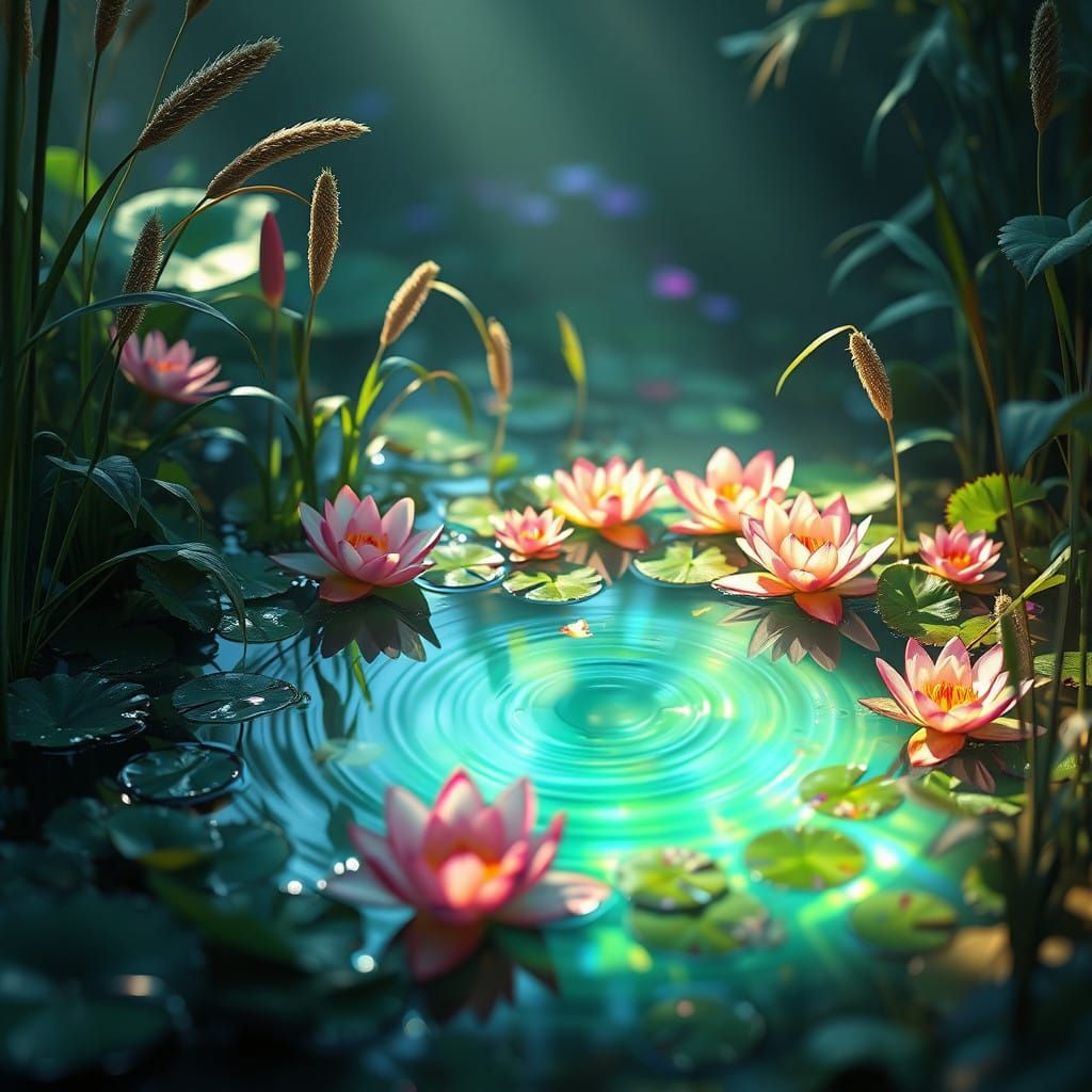 Serenely Glowing Pond with Lush Water Plants