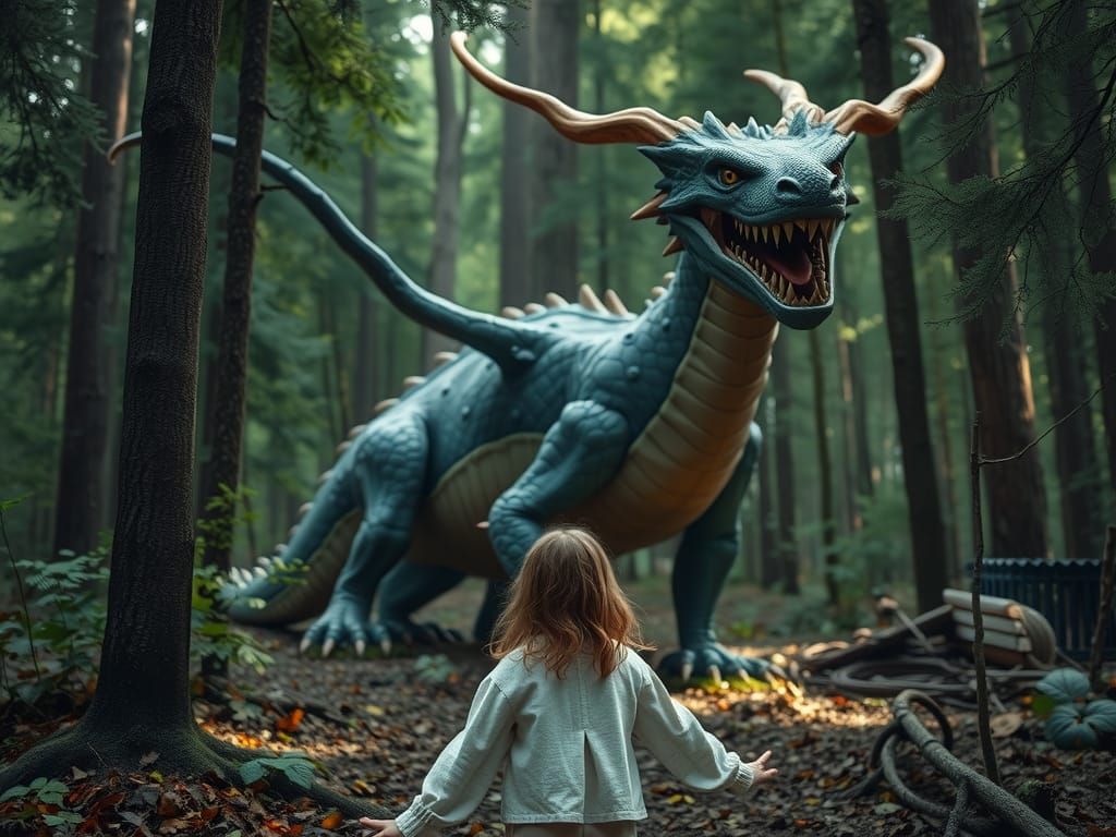 Girl and Nature Dragon in Enchanted Forest