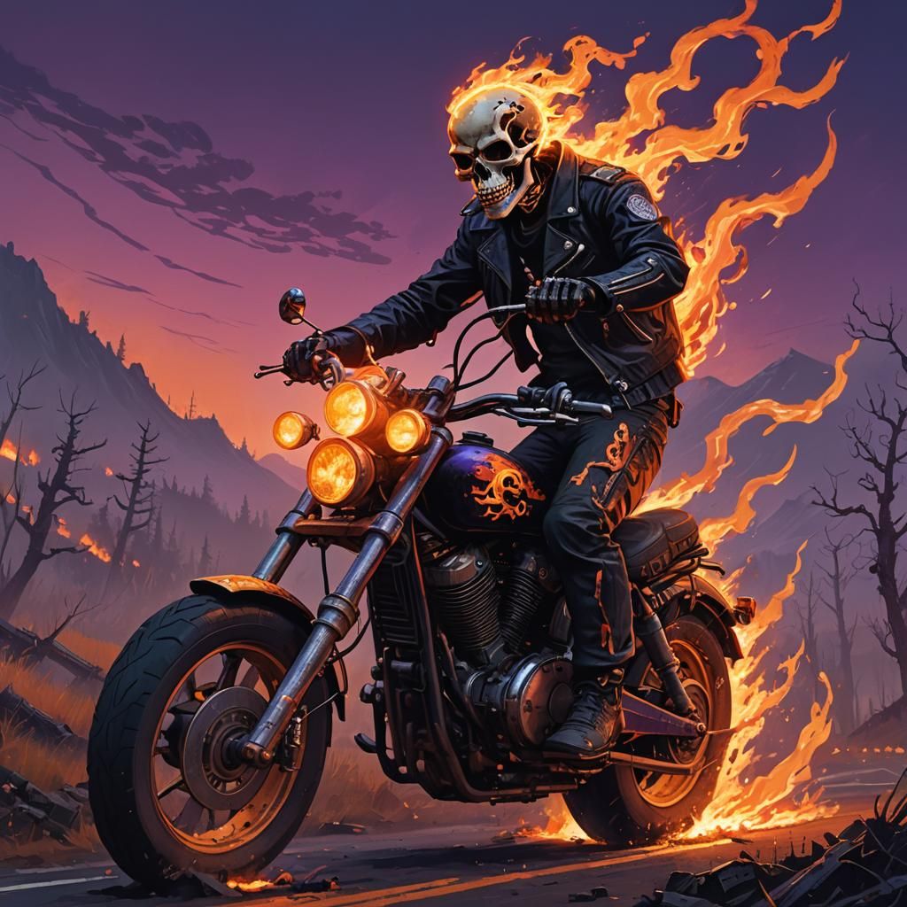 Skeleton Rider in Hellish Landscape, Dark Fantasy Art
