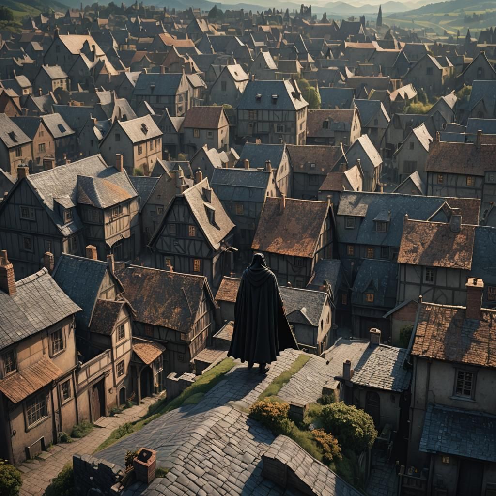 Picturesque Village Scene with Cloaked Figure