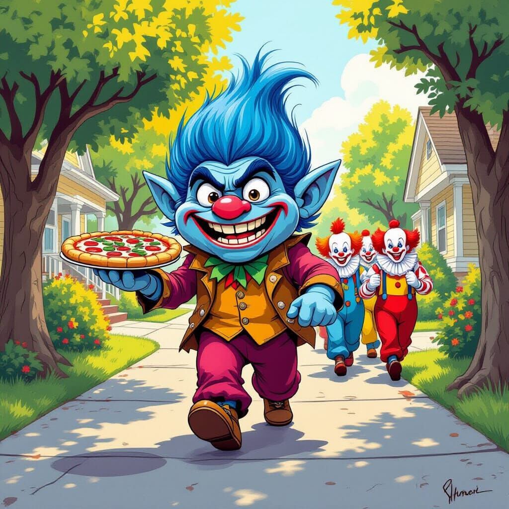 Trollface Character Dancing with Pizza and Clowns