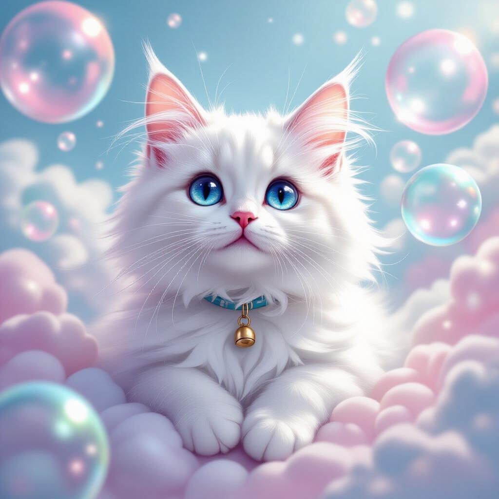 Pastel Cat Floating in Bubbles: Dreamlike Digital Art