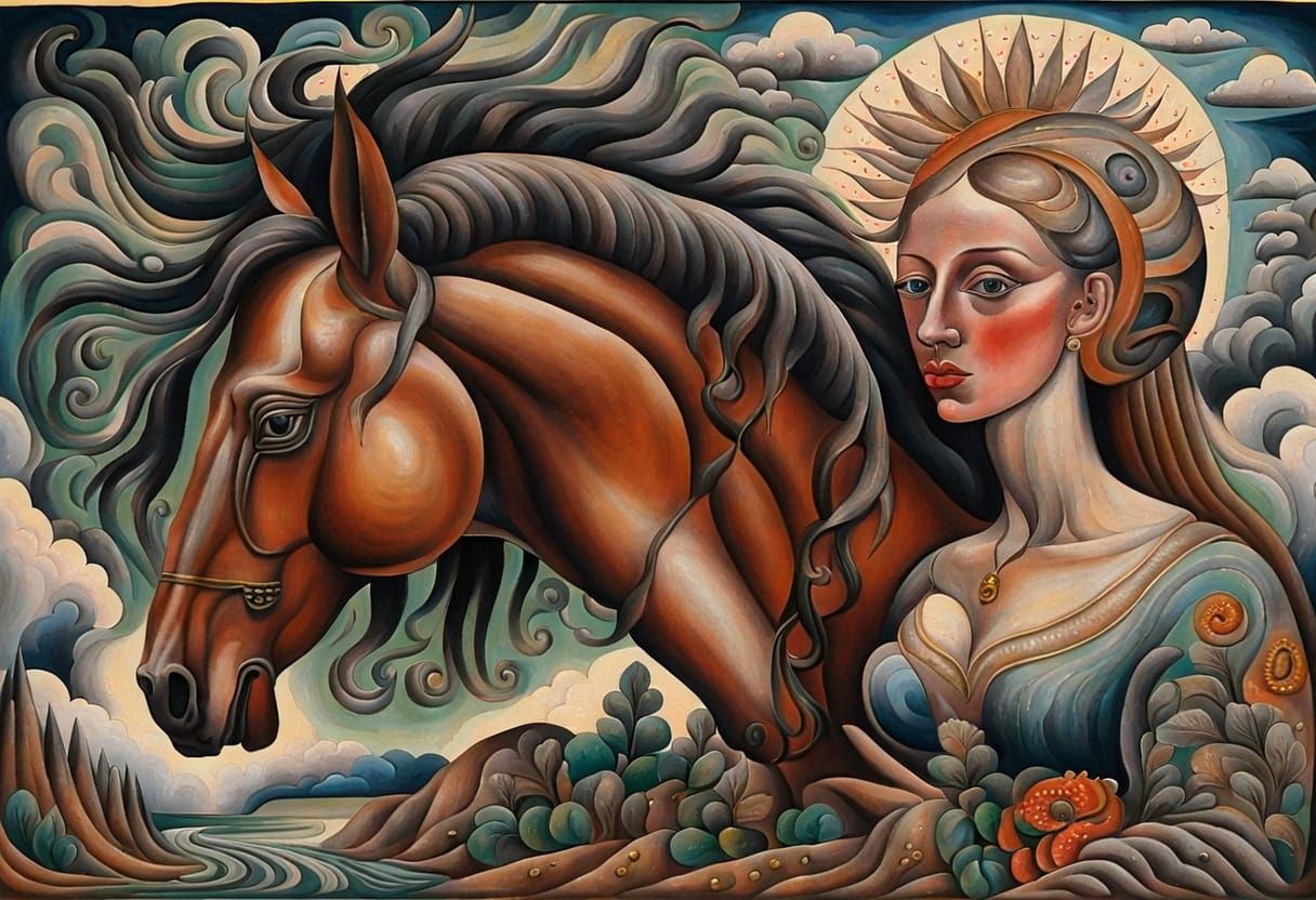 Horse with Woman's Head in Folk Art Style