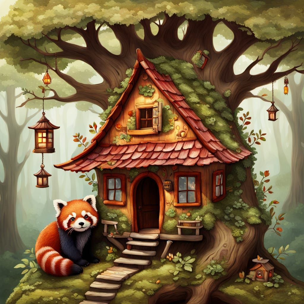 Red Panda's Whimsical Treehouse in Folk Art Style
